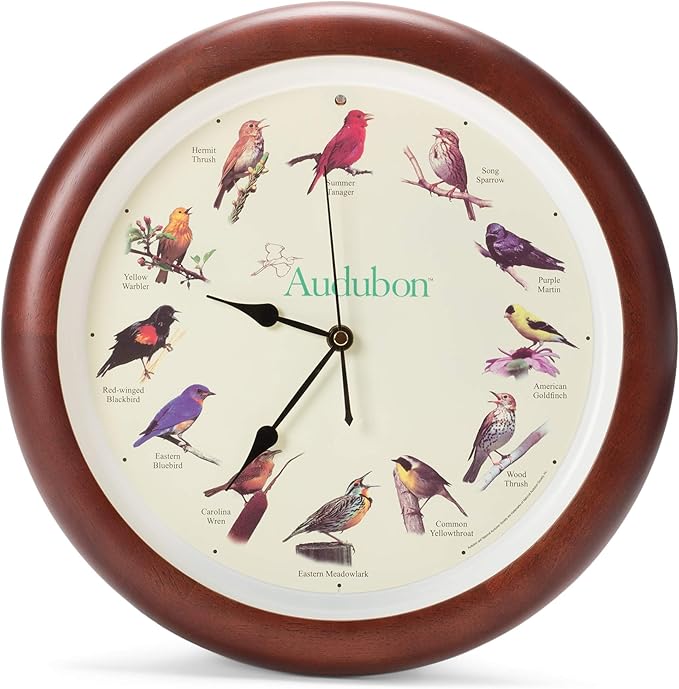 Mark Feldstein, Audubon Singing Bird Wall Clock, 13 Inch, Premium Cherry