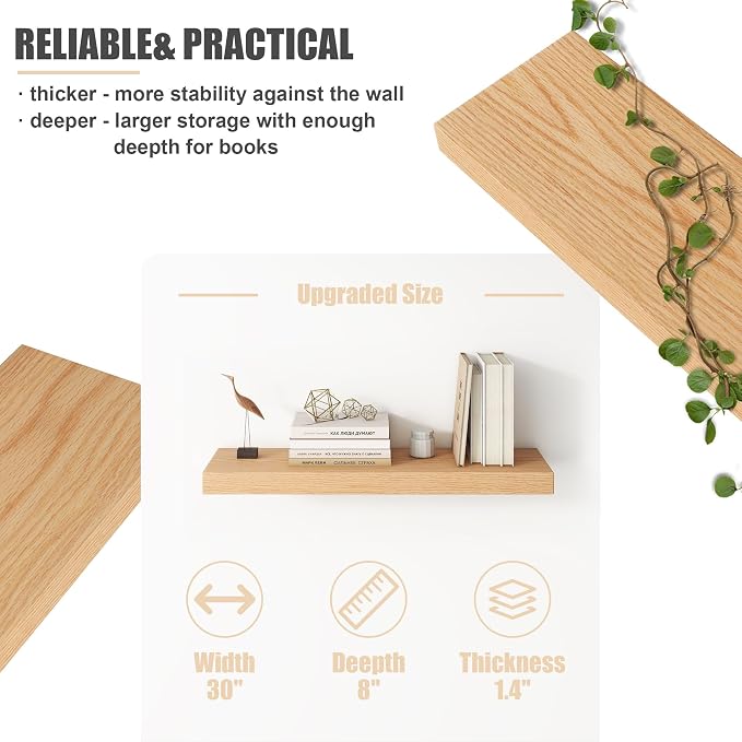 FLYJOE Floating Shelves for Wall, USA-Sourced Oak Wood 30 Inch Wall Shelves Set of 2, Natural Wooden Mounted Picture Ledge Shelf, Nursery Book Storage Shelf Kids Bookshelf Display, Shelf for Bathroom