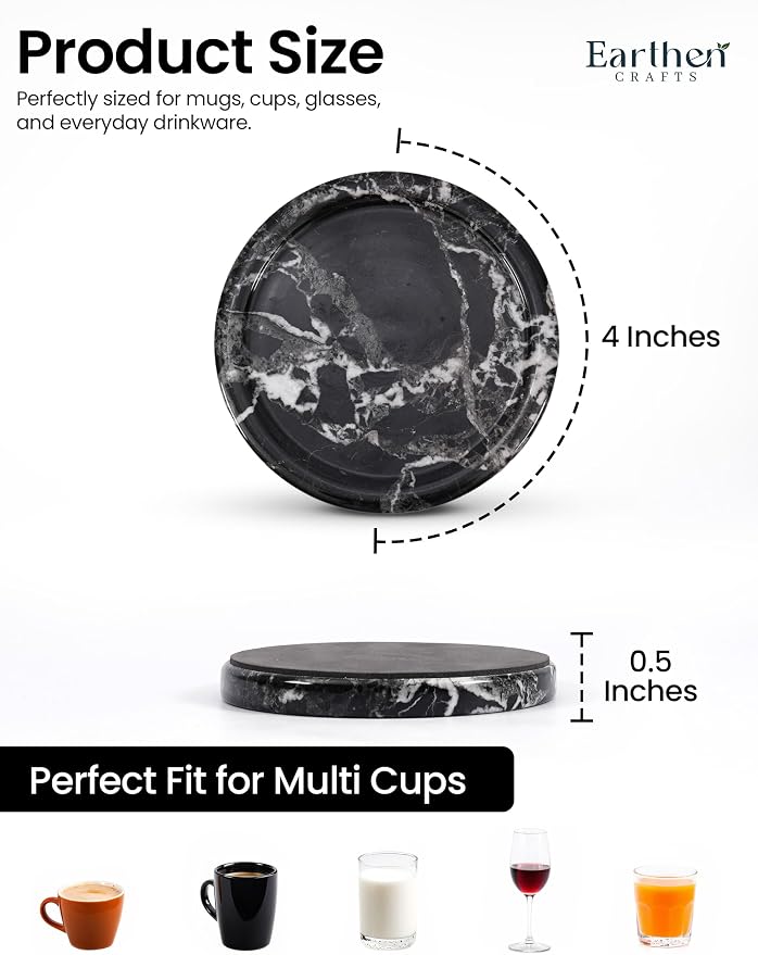 Marble Coasters Set of 4 for Drinks 4 Inches Round Black Stone Drink Coaster, Decorative for Coffee Table Decor, Kitchen Counter