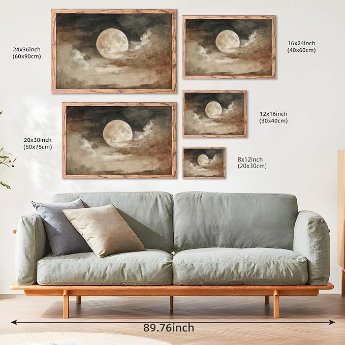 KBBYT Large Framed Wall Art Full Moon and Clouds Poster Canvas Print Vintage Aesthetic Painting Nature Countryside Pictures Wall Decor for Living Room Bedroom Home Decoration 24x36inch Wood Framed