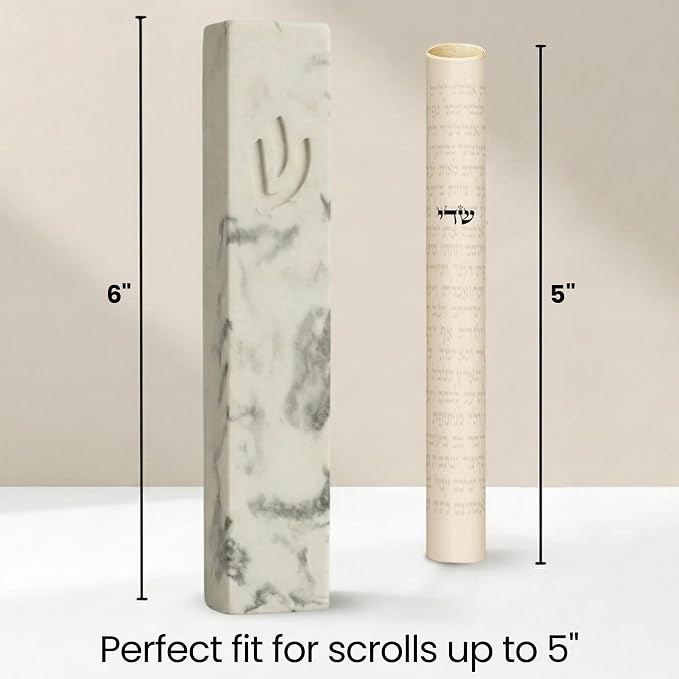 SURI Mezuzah for Door – 6 Inch Marble Cream Concrete Mezuzah Case with Non Kosher Scroll, Self-Stick Jewish Entry Design, Fits a 5 Inch Scroll, Gift Box Included