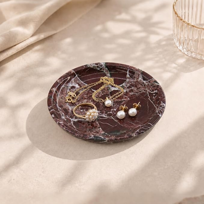 Small Natural Marble Jewelry Tray Key Plate Holder Dish Trinket Decor Catch All Bowl for Ring Earring Stone Gift for Women Daugther,Rosso Levanto,5.5"