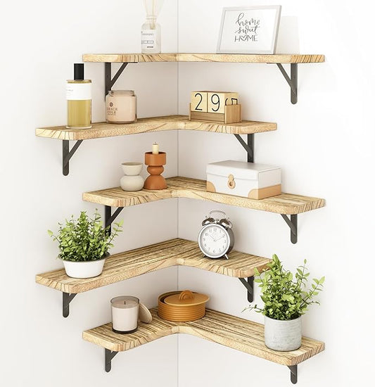 Fixwal Floating Shelves for Wall, Rustic Wood Wall Mounted Corner Shelf for Bathroom, Kitchen, Bedroom, Home Decor, Laundry Room, Living Room, Set of 5 (Carbonized Black)