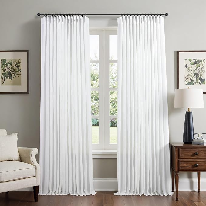 Pleated Linen White Curtains 96 Inch Long 2 Panels for Living Room Bedroom Solid Neutral Farmhouse Shabby Semi Sheer Back Tab Pinch Pleat Ceiling to Floor Length Drapes Patio Sliding Door Office 8 FT