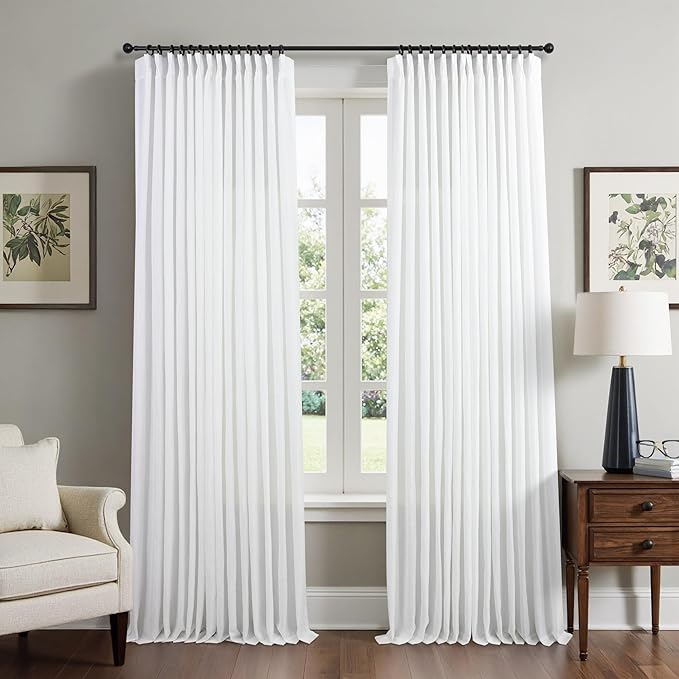 Extra Long Pinch Pleated White Linen 120 Inch Curtains 2 Panels for Living Room Bedroom Modern Farmhouse Coastal Decor Cotton Look Drapes Back Tab Pinch Pleat Ceiling Floor Large Window Curtains 10 FT
