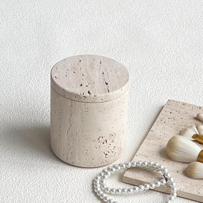 Natural Marble Stone Travertine Jar Container Storage Box Cup with Lid (Beige Travertine)
