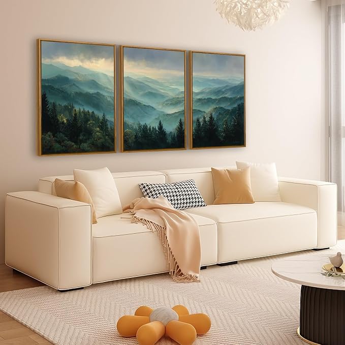 QTUSYUR Sage Green Mountain Wall Art - Large Farmed Pine Forest Landscape Art Print - Abstract Nature Adventure Artwork for Farmhouse Bedroom Living Room- Misty Mountains Triptych Decor 16”×24”×3