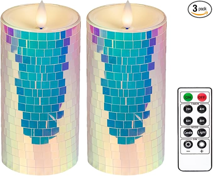 Glass Flameless Pillar Candles Flickering with Remote Timer, Battery Operated LED 3D Moving Flame Real Wax Candles,Remote Included (Rainbow Laser Mosaic)
