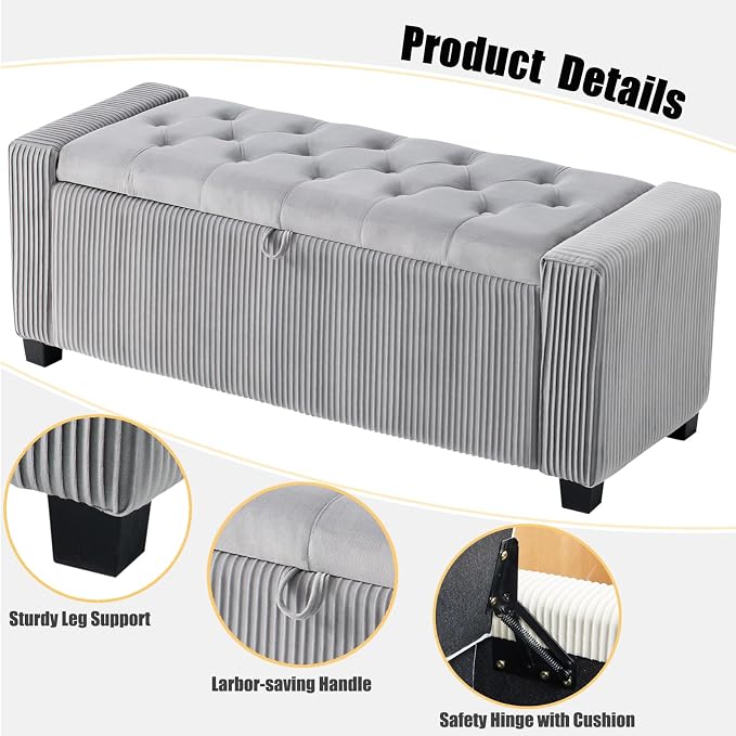 43" Ottoman Bench with Storage for Bedroom, Comfort Upholstered End of Bed Storage Bench with Safety Hinges, Sturdy Wooden Footstool & Shoe Bench for Living Room, Entryway (Grey)