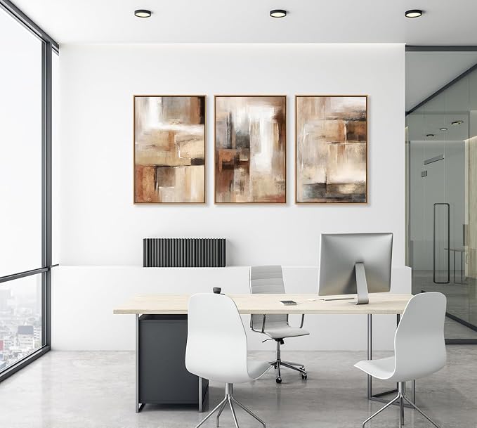 Large Framed Canvas Wall Art - Natural Float Framed Brown Abstract Picturtes for Living Room Decor Brown Abstract Painting Artwork Prints for Bedroom Kitchen Home Office Decor 48" X 24" Set of 3