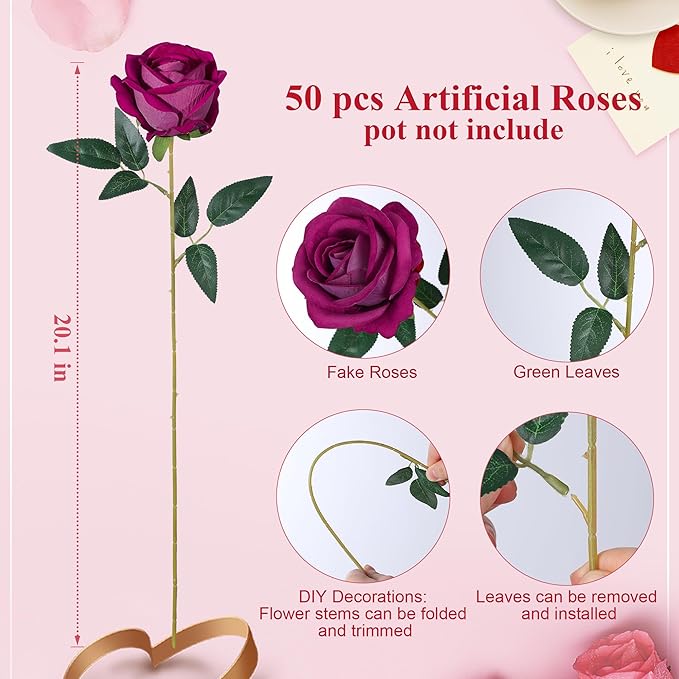 50 PCS Roses Artificial Flowers, Fake Roses with Stem Realistic Magenta Silk Roses for DIY Wedding Bouquets Table Centerpieces Arrangements Baby Shower Birthday Home Decor Valentine's Day Gift for Her