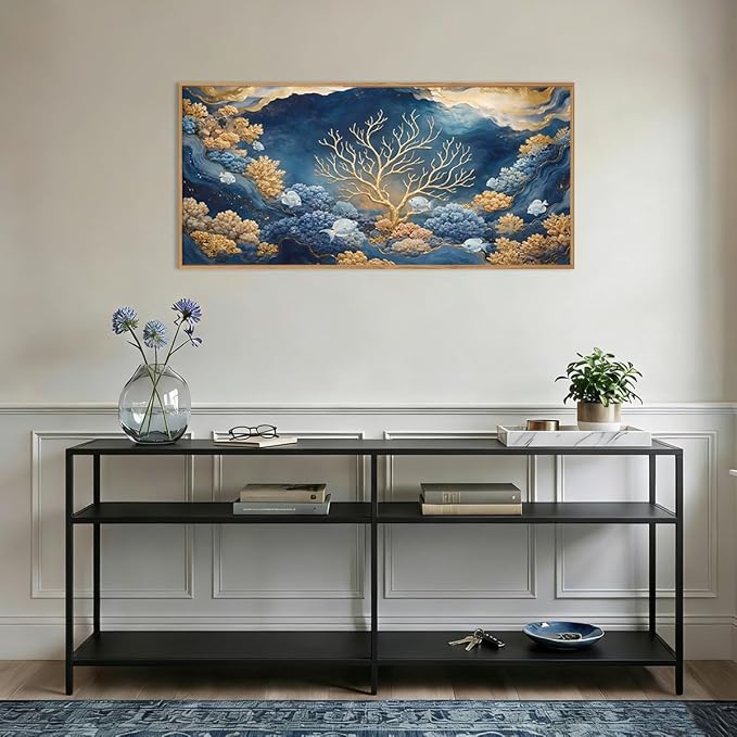 HPNIUB Blue Dreamy Underwater Framed Canvas Wall Art 40"x20" | Modern Gold Coral Seascape Decoration Abstract Navy Ocean Marine Fish Artwork Living Room Bedroom Farmhouse Office