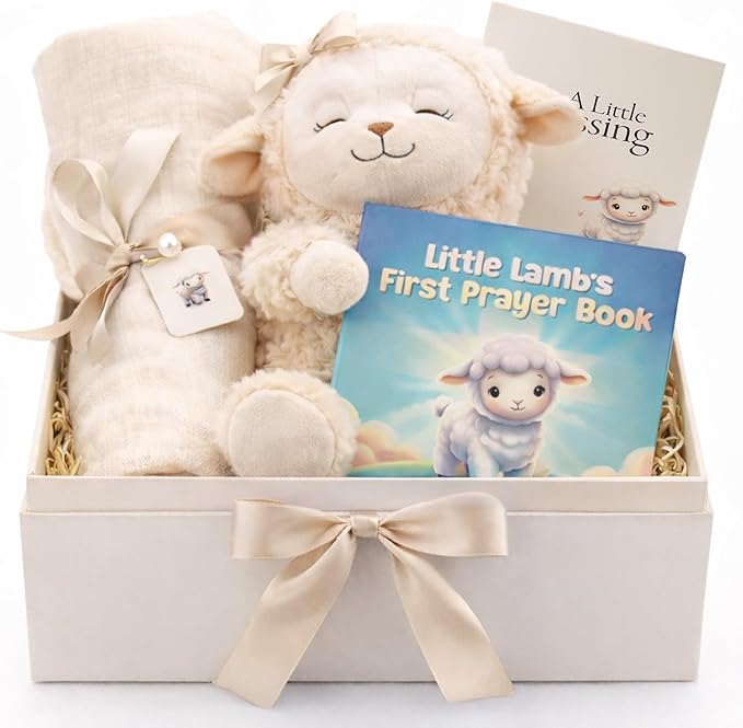 Baptism Gift for Boy or Girl Baptism Set with 10" Praying Lamb Plush Toy, Bamboo Muslin Blanket & First Prayer Book, Ready to Gift Keepsake Box