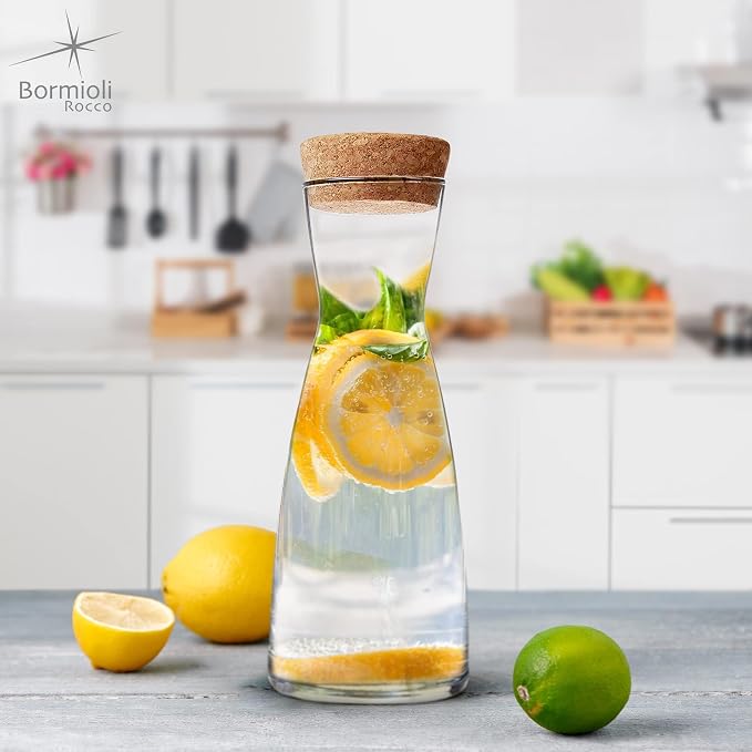 Bormioli Rocco Ypsilon Glass Carafe Set with Cork Tops - 36.25 oz Contemporary Juice Containers & Drink Dispensers for Wine, Water, Milk - Dishwasher Safe Glassware for Entertainment, Made in Italy