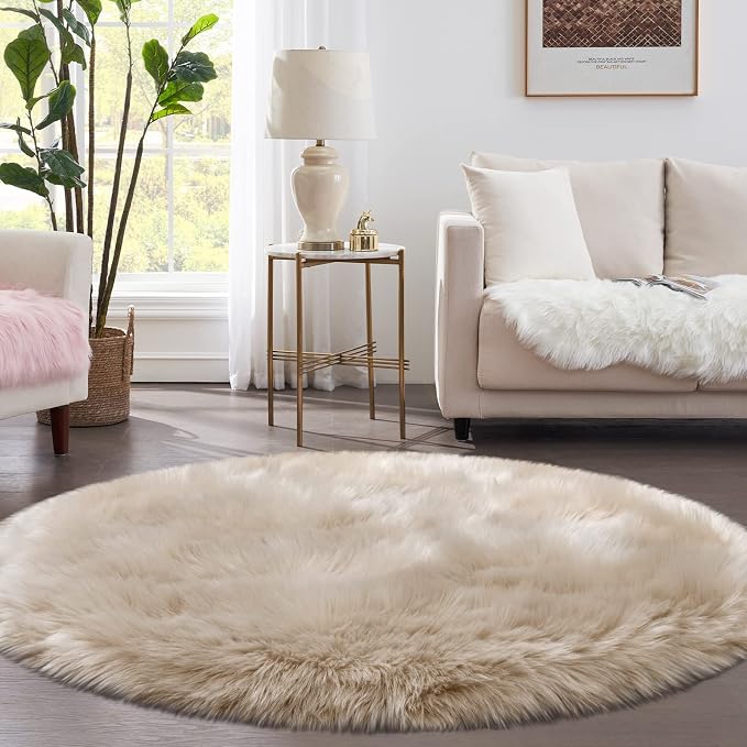 Tangsoo Round Faux Fur Rugs, Sheepskin Round Rugs 3ft, Soft Small Circle Rug, 3x3 Beige Fuzzy Plush Fur Rug, Shag Circular Rugs Floor Carpet for Bedroom, Kids Room, Nursery, Girls Room, Dorm