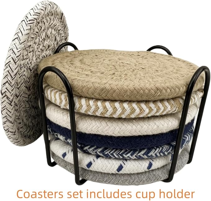 Handmade Woven Cotton Coasters - Set of 8 with Holder, Absorbent, Protects Tabletop - 4.3 Inch Diameter, Home Decor, Kitchen Decor, Table Decor, Coffee Table Decor, Living Room Decor, 8 Colors