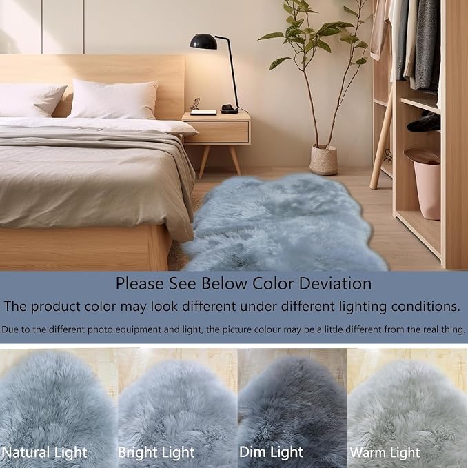 Woolous Gray Sheepskin Rug 4x6 ft Genuine New Zealand Quad Pelt Area Rug | Natural real sheep skin rug, soft fluffy fur carpet for nursery decor, bedroom, living room floor, large 4 pelt sheepskin rug