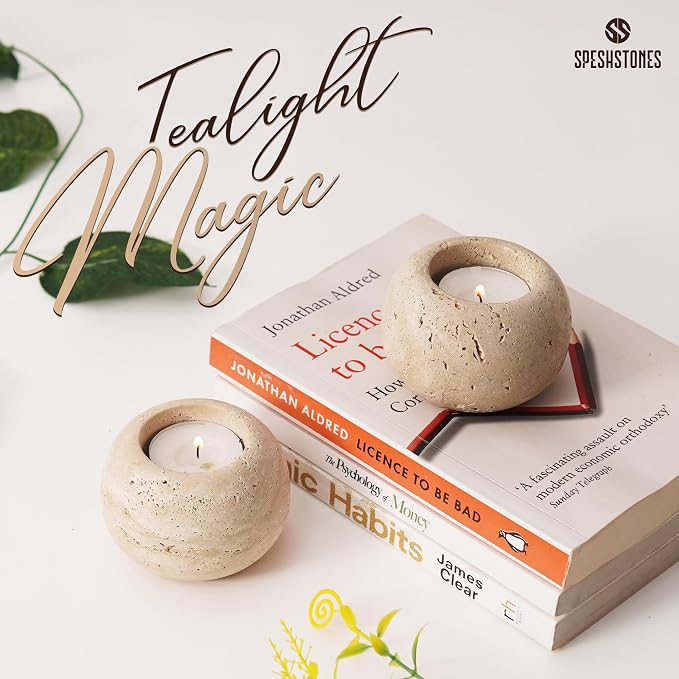 Marble Tealight Candle Holders 3 Inch Travertine Votive Candles Holder for Dining Table Centerpiece Decor - Small Tea Lights Set of 2 for Gifts for her
