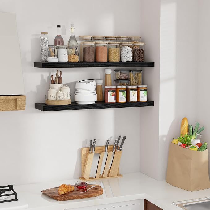 Black Floating Shelves for Wall, 36 inch Wooden Wall Mounted Shelves, 9.3in Deep Floating Book Shelves, Large Display Shelves for Bathroom Kitchen Living Room, 36"W x 9.3"D x 1.5"H, 2 Packs