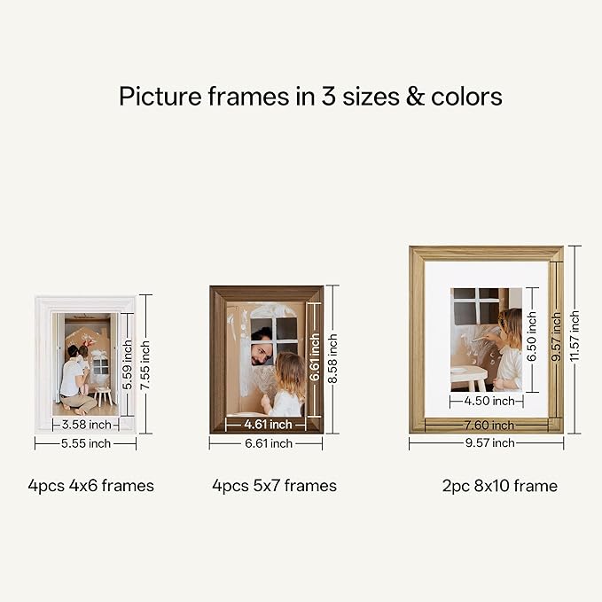 eletecpro Gallery Wall Frame Set of 10, Multiple Sizes Solid Wood Picture Frames Collage Wall Decor Including 2Pcs 8x10, 4Pcs 5x7, 4Pcs 4x6 Photo Frames, Natural, White, Brown