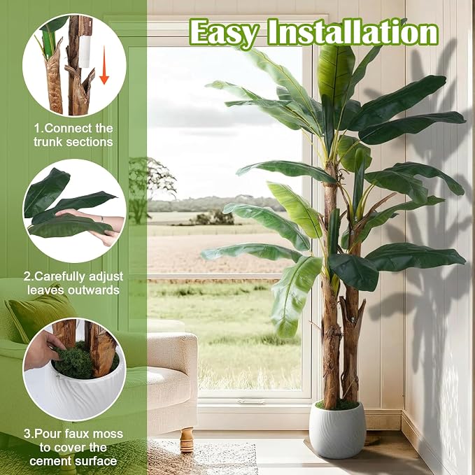 7FT Artificial Banana Tree with Realistic Banana Leaves Large Faux Tropical Plant Artificial Plants Outdoor Fake Tree for Patio Balcony Garden Home Office Indoor Decor (with Faux Moss)