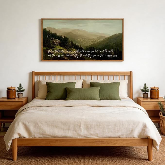 CHDITB Bible Verses Quotes Scripture Psalm 90:2 Wall Art Framed, Neutral Boho Farmhouse Christian Mountain Landscape Canvas Artwork, Large Vintage Religious Biblical Nature Smoky Forest Painting Decor for Living Room Office (40"L x 20"W)