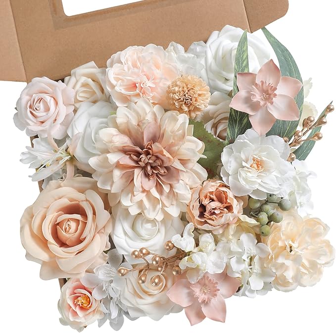 rongflower Artificial Flowers Combo Box Set Champagne Fake Flower Leaf Box with Stems for DIY Wedding Bouquets Centerpieces Arch Arrangement Baby Shower Party Home Decorations