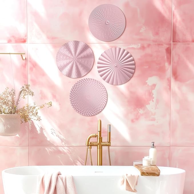 Hicarer 4 Pcs 12 Inch Metal Wall Art Decor Sunburst Hanging Metal Artwork Decor Wall Art Decorations for Home Living Room Office Gift for Christmas (Pink)