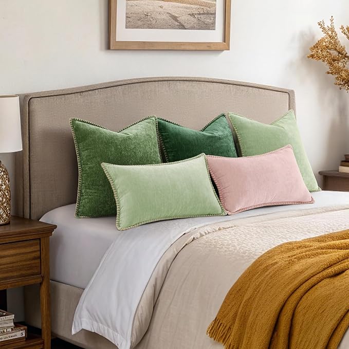 decorUhome Summer Chenille Soft Cozy Throw Pillow Covers 24x24 Set of 2, Modern Farmhouse Boho Velvet Decorative Euro Sham Pillow Cases with Stitched Edge for Couch Sofa Bed Home Decor, Sage Green