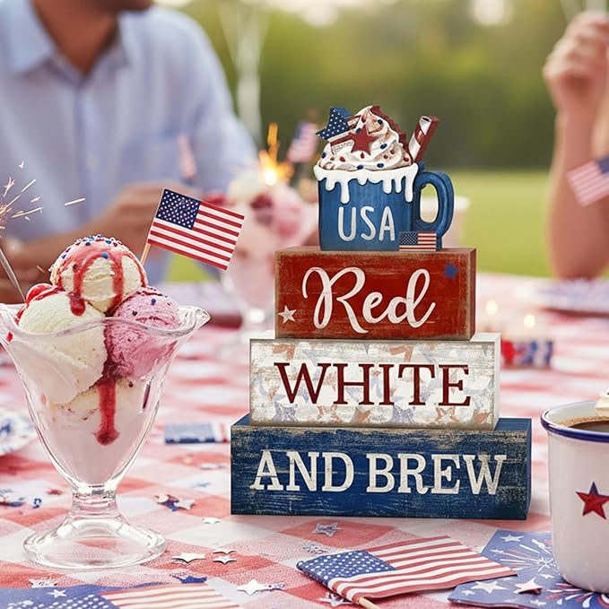 CroBlissful 4 Pcs 4th of July Decorations Patriotic Memorial Day Tabletop Decoration Red White Blue Table Centerpieces USA Coffee Sign for Office Tiered Tray Home Shelf 250th Anniversary