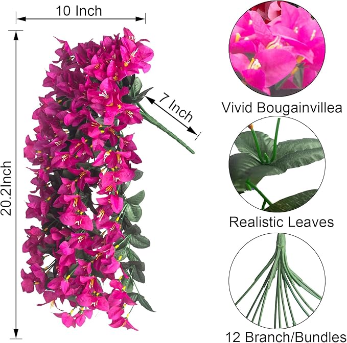 Grunyia Artificial Bougainvillea Flowers Outdoor UV Resistant, 4 Pcs Fake Silk Trailing Vines Realistic Faux Hanging Plants for Porch Patio Garden (Fuchsia)