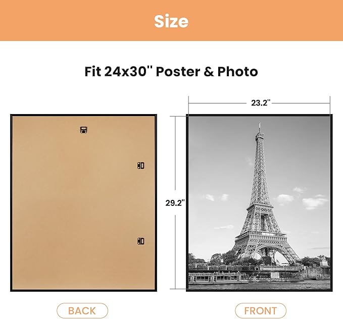 upsimples 24x30 Poster Frame Black 3 Pack, Scratch-Proof Picture Frames 24 x 30 for Photo Gallery - Slide-In Strips, Horizontal or Vertical Wall Mounting