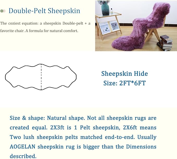 AOGELAN Genuine Sheepskin Rug, Shaggy Fur Fluffy Fuzzy Soft Area Rug for Bedroom Living Room Fur Wool Pray Throw Pup Area Cushion, Chair Sofa Seat Cover(Pansy Purple, Double Pelt/2FT*6FT)