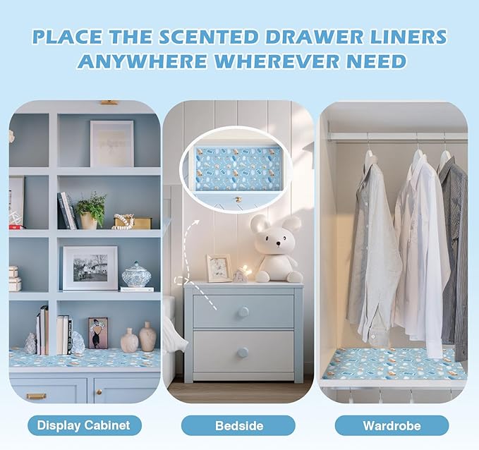SCENTORINI Baby Powder Scented Drawer Liners for Dresser, 6 Sheets Fragrant Drawer Paper Liners Non-Adhesive Paper Sheets for Home Closet, Bedroom Drawers, Kitchen Cabinets