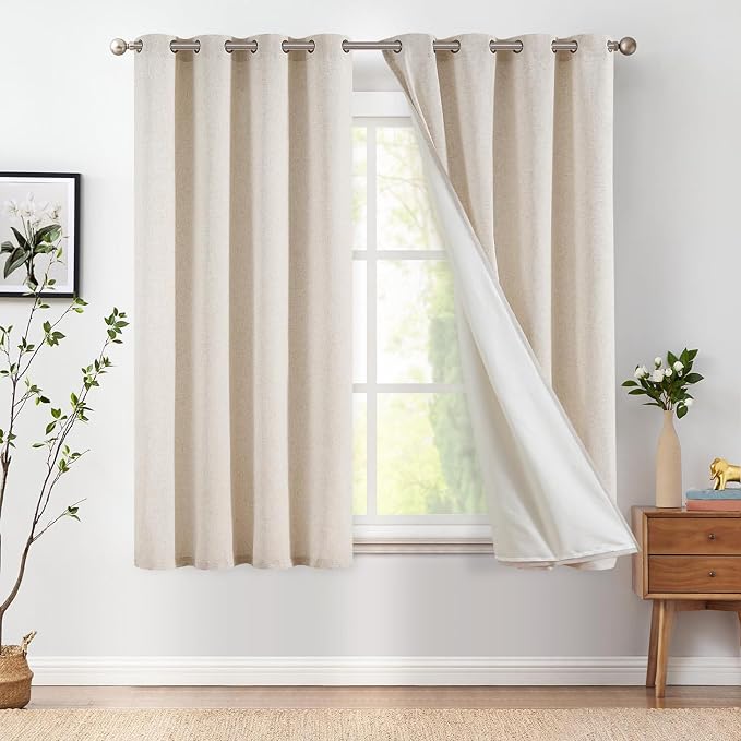 jinchan Lined Linen Blend Curtains 72 Inch Long for Living Room Darkening Beige Curtains for Bedroom Bathroom Burlap Boho Drpaes Grommet Thermal Insulated Drapes Filtered but with Privacy 2 Panel Set