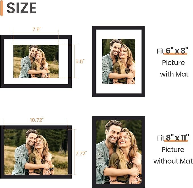 upsimples 8x11 Picture Frame, Display Pictures 6x8 with Mat or 8x11 Without, Wall Hanging Photo Frames, Black, 1 Pack