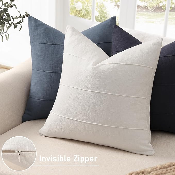 Decorative Linen Throw Pillow Covers 26x26 Set of 2 Solid handcrafted Striped Cushion Covers for Bed Soft Modern Farmhouse Neutral Pillowcase for Couch Bedroom Living Room Home Decor(Cream White)