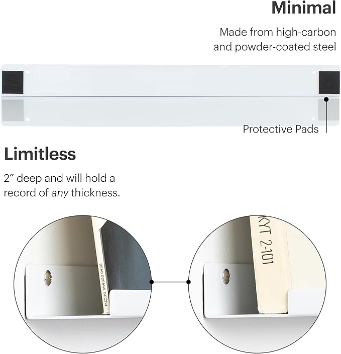 Vinyl Record Shelf - 3 Metal Display Shelves - Wall Mount Now-Playing Vinyl Shelves - an Album Record Holder That Doubles as a Picture Ledge - Fits All Records (White)