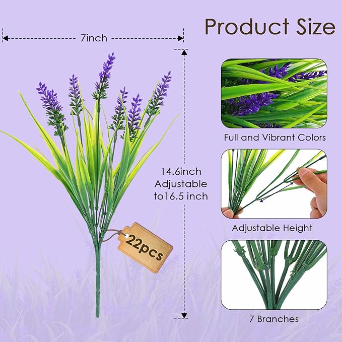 Rowfad 22 Pcs Artificial Outdoor Flowers UV Resistant Lavender Fake Greenery Plants Grass with Purple Flowers for Pot Decor for Window Garden Patio Hanging Planter Pathway Front Porch (22, Purple)
