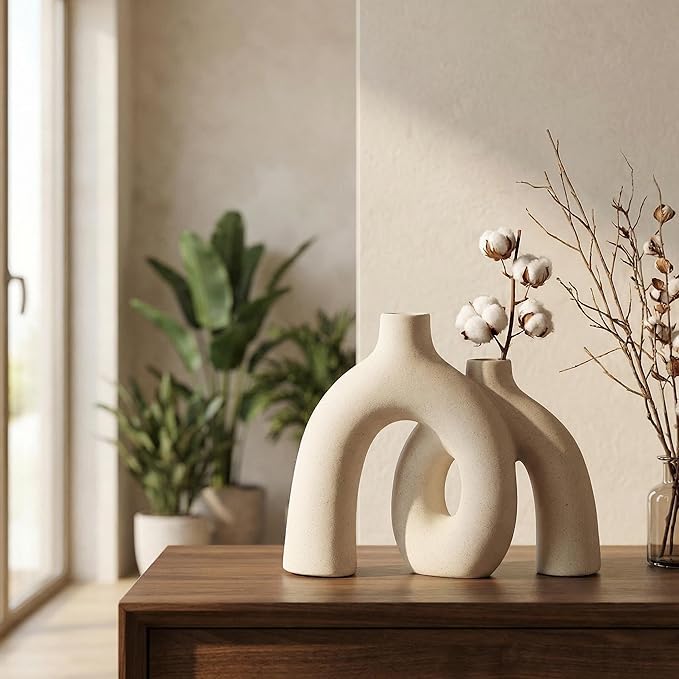CEMABT Modern Nordic Boho Vase Set - Elegant Beige Matte Ceramic Home Decor for Living Room, Bookshelf, Mantel, Entryway Table & Console Décor | Shelf Decorations Easter Gift