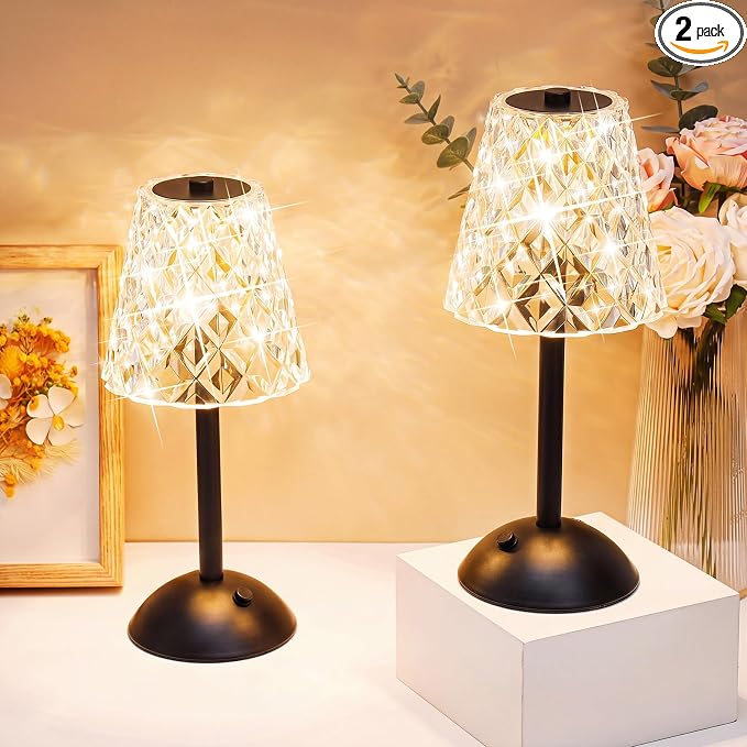 Liliful 2 Pcs Cordless Table Lamp Rechargeable Touch LED Small Gold Portable Battery Operated USB-c Desk Lamp 3 Color Dimmable for Bedroom Living Room Dining (Black,Diamond Style)