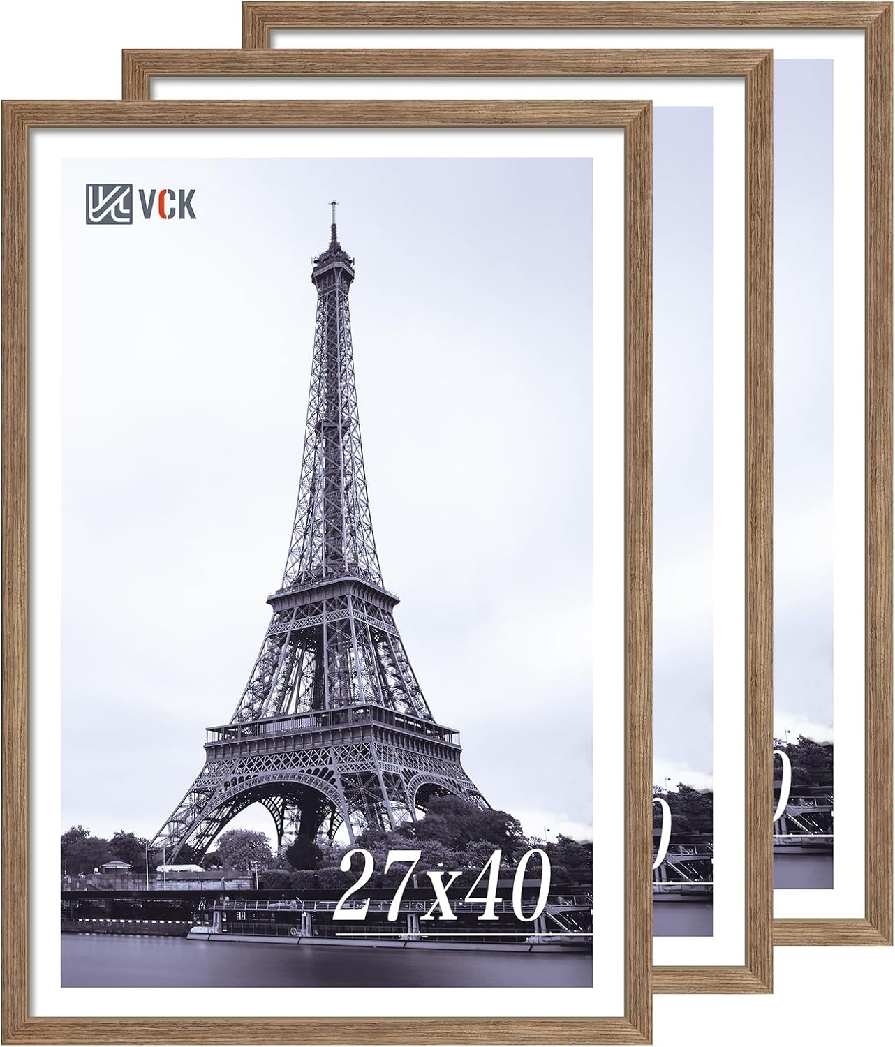 VCK 27x40 Poster Frame 3 Pack - Brown Walnut, Natural Textured Solid Wood Picture Frame, Wall Mounting Hanging