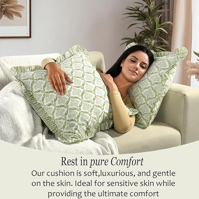 CPC Fern Regal Hand Block Print 100% Cotton Ruffle Throw Pillow Cover 20x20 inch with Hidden Zipper Decorative for Couch, Bed, Sofa, Farmhouse, Cottagecore Decor Gift Christmas Fall Thanksgiving