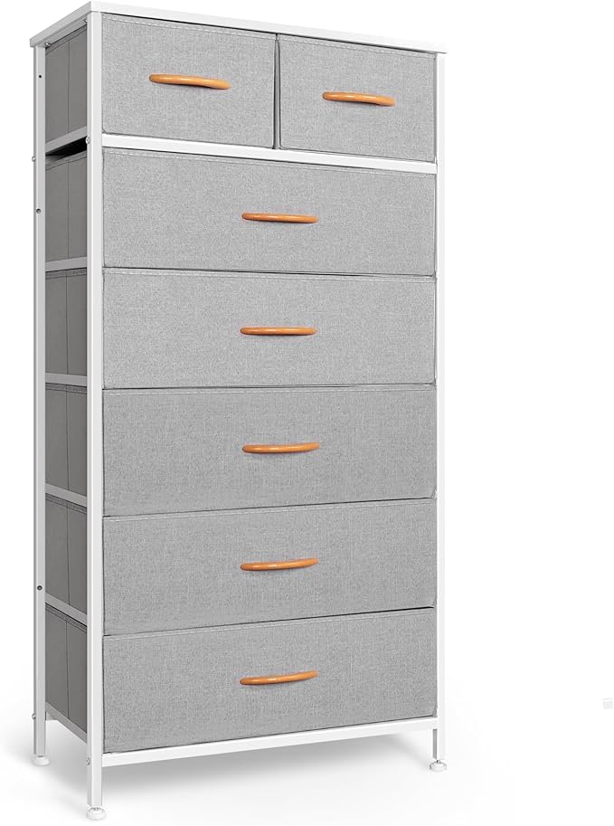 Mifuro Tall Dresser for Bedroom, Vertical Storage Organizer Tower with 7 Drawers, Chest of Drawers with Fabric Bins, Steel Frame, Wood Top for Bedroom, Closet, Entryway- Light Grey