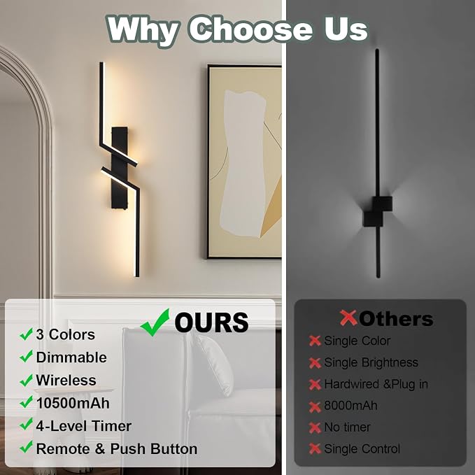 Rechargeable Wireless Wall Sconces, Modern Wall Sconces Set of 2, Battery Operated LED Wall Lights with Remote, 3000K-6500K Dimmable Black Wall Sconce, No Hardwiring for Bedroom Living Room Hallway