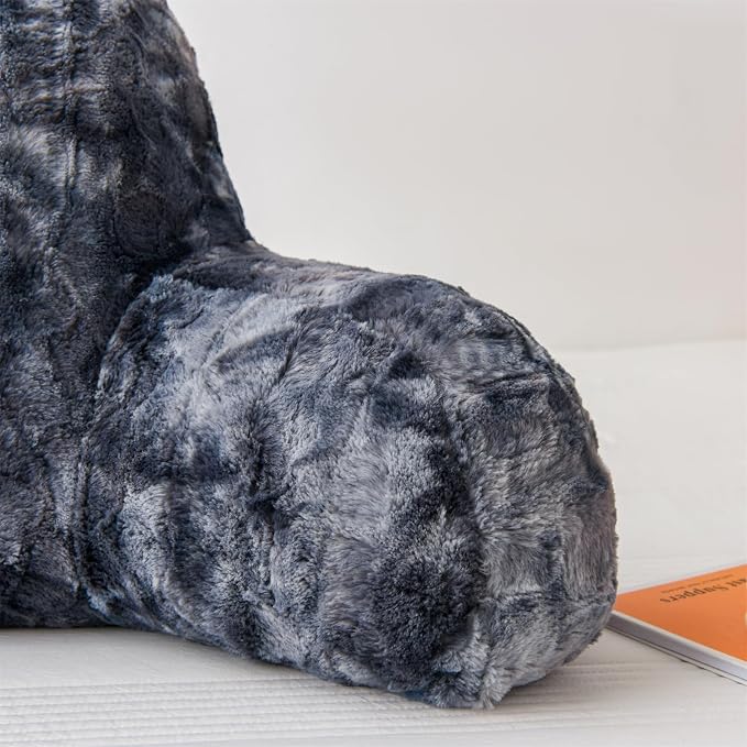 A Nice Night Faux Fur Soft Reading Pillow Bed Wedge Adult Backrest with Arms Back Support for Sitting Up in Bed/Couch for Bedrest,Tie Dyed Gray,Large