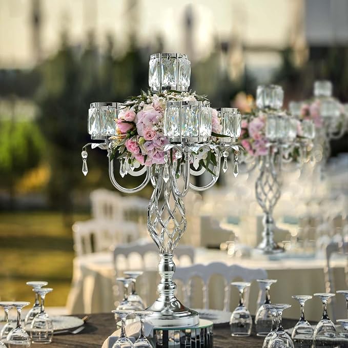 23.2 inch Tall Elegant and Chic 5 Arm Pendant Crystal Candlestick Holder Table Decoration tealight Candle Holder, Candelabra for Gorgeous Wedding/Parties Table Centerpiece (2, Silver)