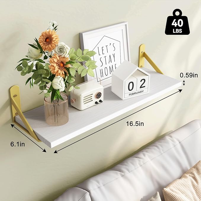 Fixwal White Shelves, Wood Wall Floating Mounted Shelves for Bedroom, Bathroom, Living Room, Kitchen Storage and Decor(White, Set of 4, 16.5 Inch)