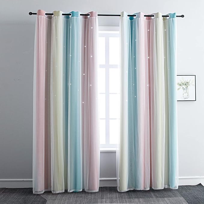 FANLI Ombre Rainbow Blackout Curtains for Kid Girls Bedroom Living Room Darking Stripe Double Layer Star Cut Out Wall Home Decor Gradient Grommet Window Curtains (Pink/Blue, 52W x 95L)