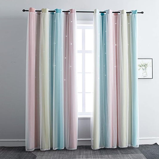 FANLI Ombre Rainbow Blackout Curtains for Kid Girls Bedroom Living Room Darking Stripe Double Layer Star Cut Out Wall Home Decor Gradient Grommet Window Curtains (Pink/Blue, 52W x 95L)